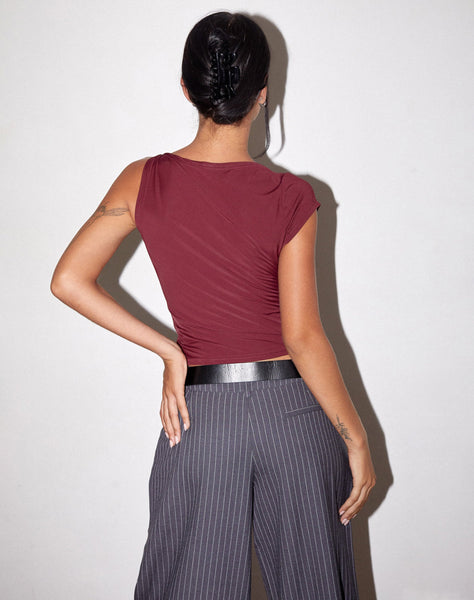 Image of Dannas Twist Shoulder Top in Burgundy