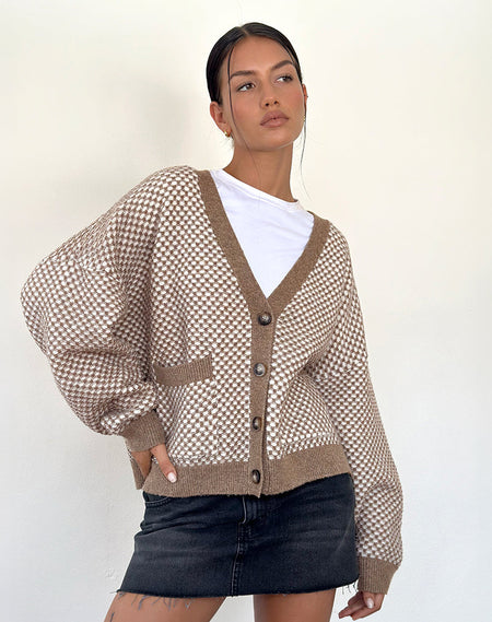 Ura Oversized Knitted Cardigan in Brown and Cream