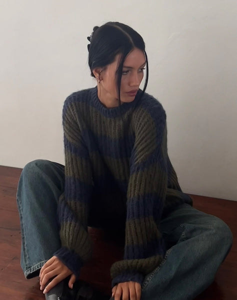 Image of Daren Knitted Oversized Jumper in Khaki and Navy Blue Stripe