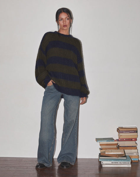 Image of Daren Knitted Oversized Jumper in Khaki and Navy Blue Stripe