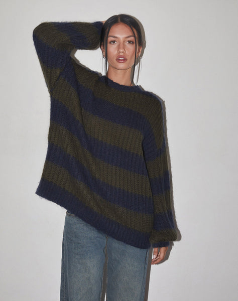 Image of Daren Knitted Oversized Jumper in Khaki and Navy Blue Stripe