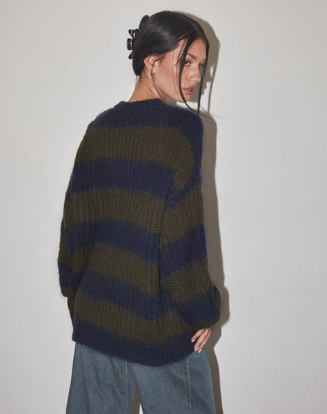 Image of Daren Knitted Oversized Jumper in Khaki and Navy Blue Stripe