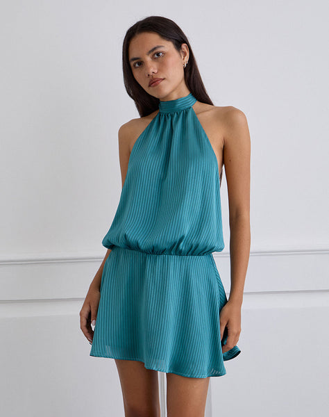 Image of Davina Mini Dress in Stripe Satin Teal