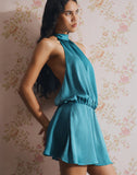 Image of Davina Mini Dress in Stripe Satin Teal