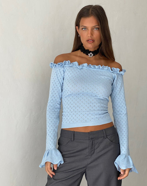 Image of Delaney Knitted Frill Bardot Top in Baby Blue