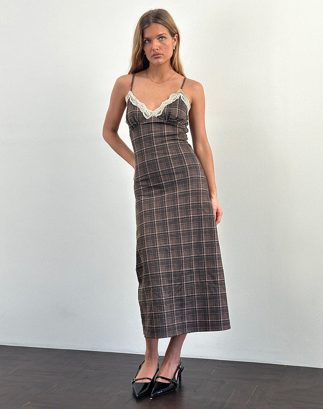 Image of Delfina Midi Dress in Lace Brown Check