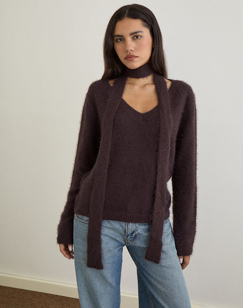Image of Dikara Jumper with Scarf in Knit Brown