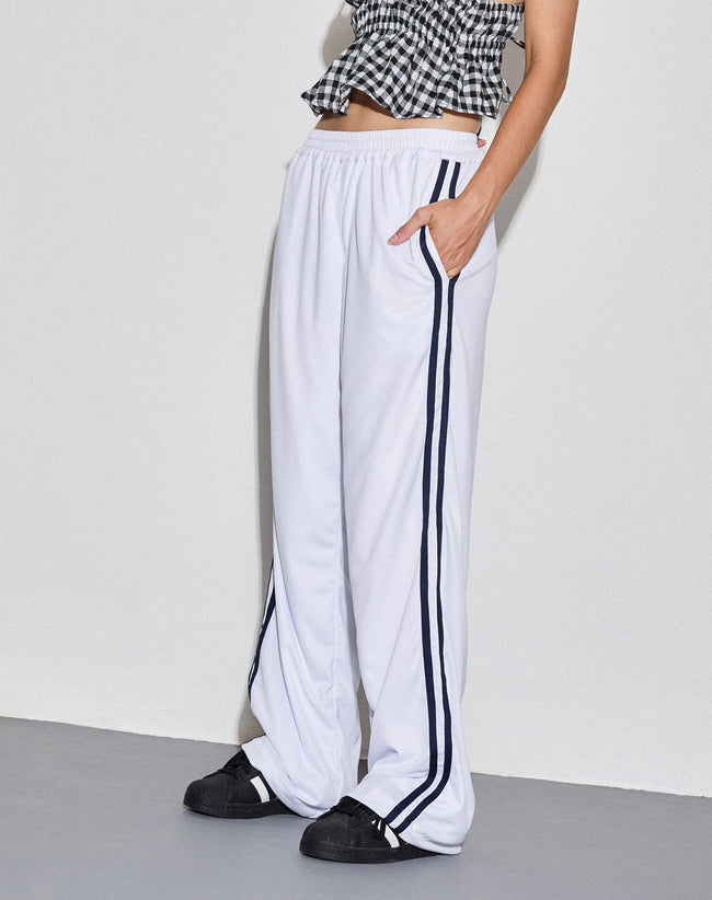 Image of Coze Wide Leg Jogger in White with Navy Double Stripe