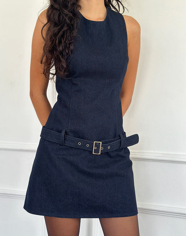 Image of Dilshan Belted Mini Dress in Chambray Indigo