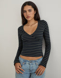 Image of Dulcet Ribbed Plunge Top in Classic Striped Navy and Grey
