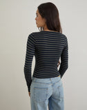 Image of Dulcet Ribbed Plunge Top in Classic Striped Navy and Grey