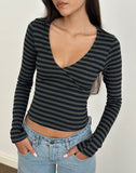 Image of Dulcet Ribbed Plunge Top in Classic Striped Navy and Grey