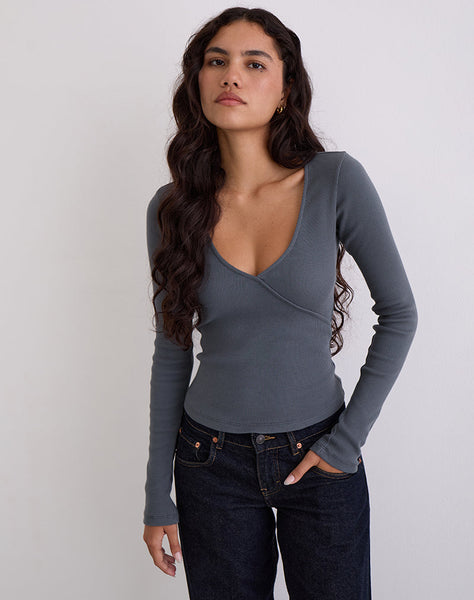 Image of Dulcet Ribbed Plunge Long Sleeve Top in Blue Granite