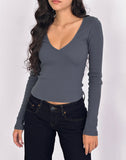 Image of Dulcet Ribbed Plunge Long Sleeve Top in Blue Granite
