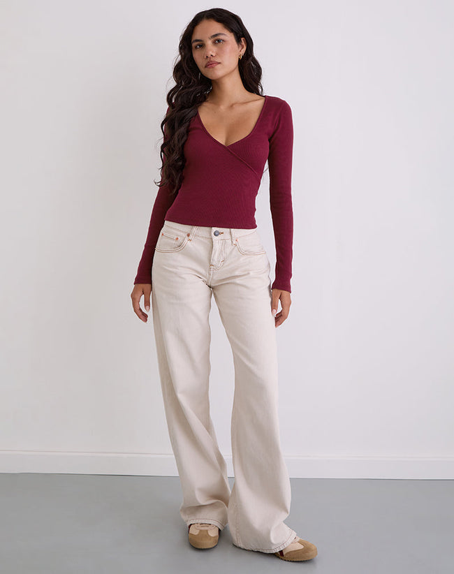 Image of Dulcet Ribbed Plunge Long Sleeve Top in Burgundy