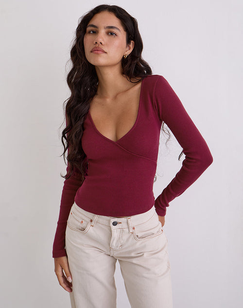 Image of Dulcet Ribbed Plunge Long Sleeve Top in Burgundy