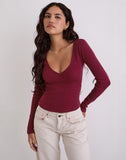Image of Dulcet Ribbed Plunge Long Sleeve Top in Burgundy