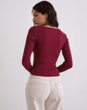 Image of Dulcet Ribbed Plunge Long Sleeve Top in Burgundy