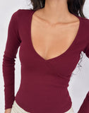 Image of Dulcet Ribbed Plunge Long Sleeve Top in Burgundy