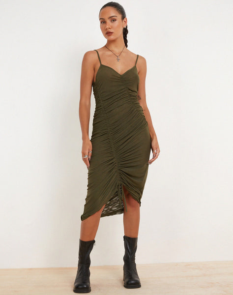 image of Dulcia Ruched Mesh Midi Dress in Green Leaf