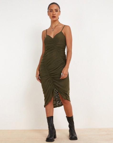 image of Dulcia Ruched Mesh Midi Dress in Green Leaf