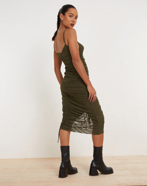 image of Dulcia Ruched Mesh Midi Dress in Green Leaf