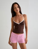 Image of Elspe Halter Top in Bitter Chocolate with Light Pink Binding