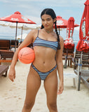 Image of Farida Bikini Bottom in Stripe Blue with Brown Binding