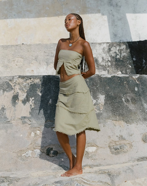 Image of Ralna Asymmetric Midi Skirt in Linen Slate Green