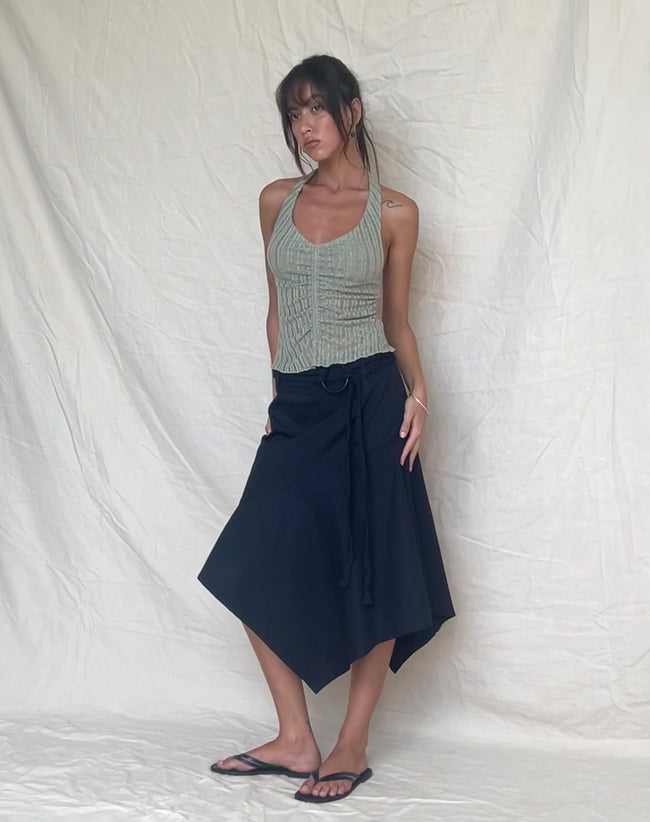 Image of Nejusi Asymmetric Midi Skirt in Black with Braided Belt