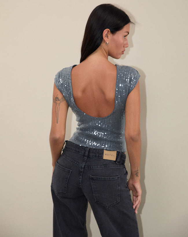 Image of Erika Low Back Top in Shimmer Sequin Charcoal