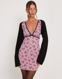 Image of Evilia Mesh Mini Dress in Pink and Navy Botanist Flocking