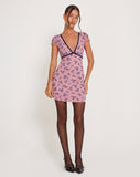 Image of Evilia Mesh Mini Dress in Pink and Navy Botanist Flocking