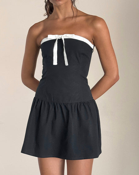 Faradiba Mini Dress in Satin Black with Ivory Bow