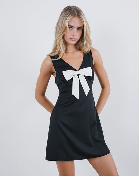 Image of Faradiba Mini Dress in Satin Black with Ivory Bow