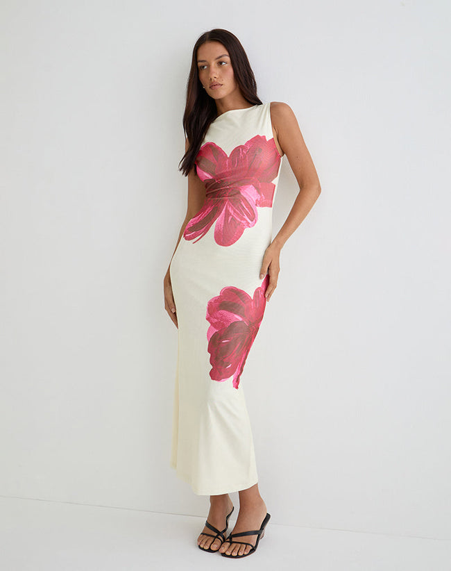 Image of Fayola Printed Maxi Dress in Cream with Red Watercolour Flower