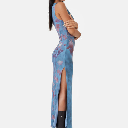 MOTEL X JACQUIE Flo Midi Dress in Lumen Mesh Blue