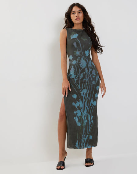 Ayudia Bardot Midi Dress in Blue Floral Ditsy