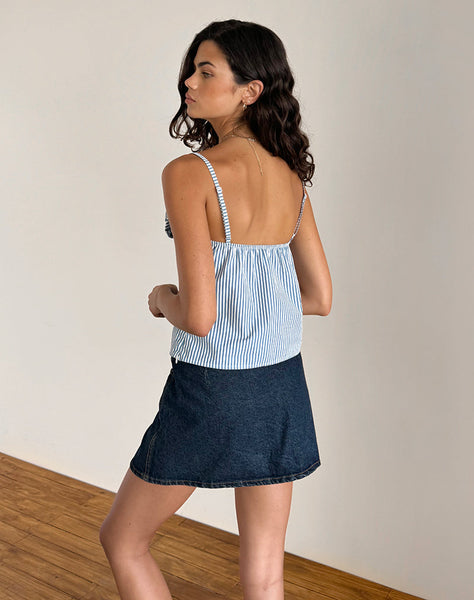 image of Flowa Top in Blue Small Vertical Stripe with Rosette