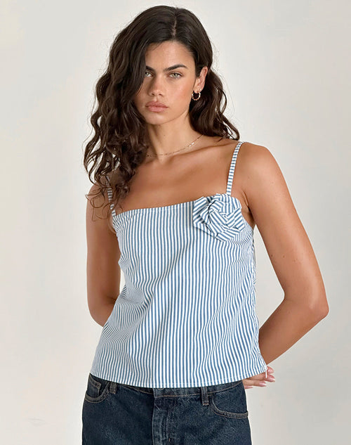 image of Flowa Top in Blue Small Vertical Stripe with Rosette