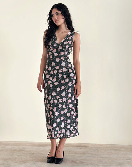 Gandira Midi Dress in Cluster Ditsy Floral Flock Nude