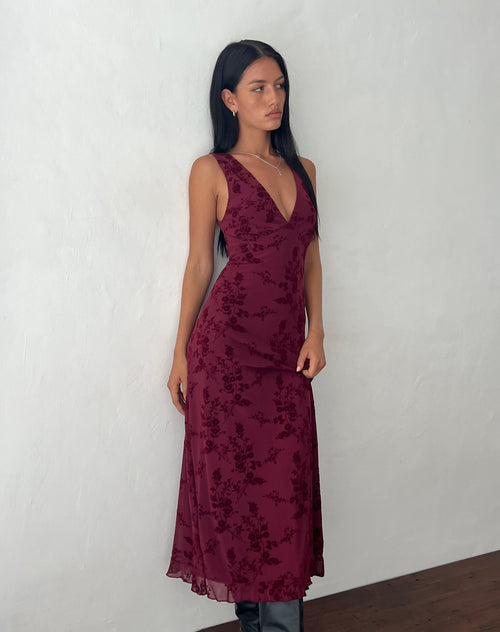 Image of Gabriela Midi Dress in Botanical Flower Maroon