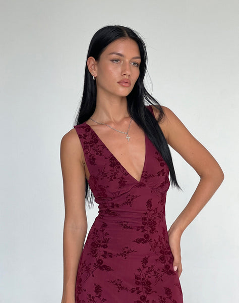 Gabriela Midi Dress in Botanical Flower Maroon