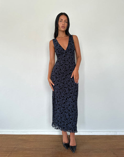 Image of Gabriela Midi Dress in Flocked Petal Navy