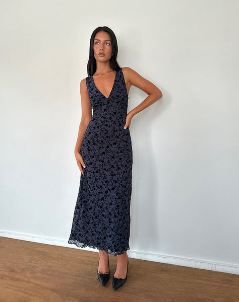 Image of Gabriela Midi Dress in Flocked Petal Navy