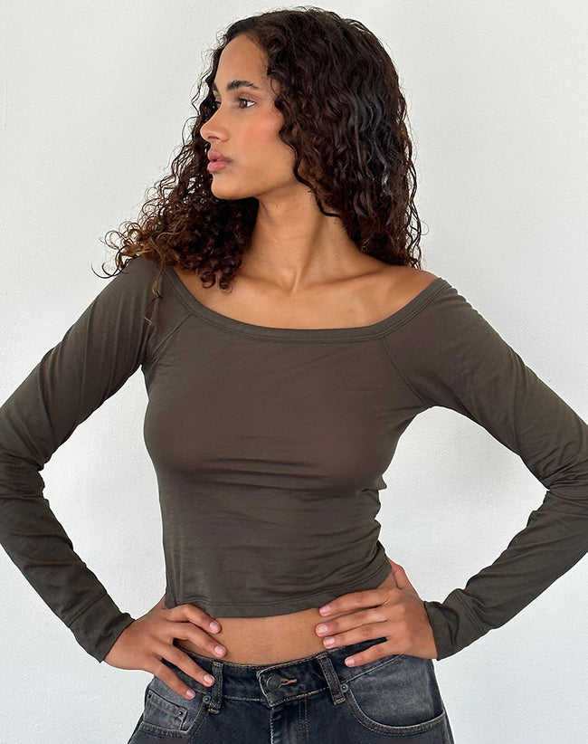 Image of Gavya Long Sleeve Bardot Top in Olive Jersey