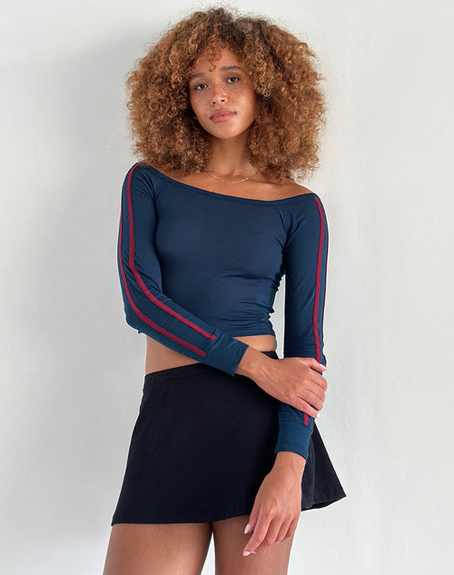 Image of Gavya Bardot Long Sleeve Top in Navy with Adrenaline Red Stripe