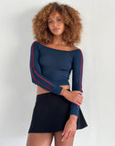 Image of Gavya Bardot Long Sleeve Top in Navy with Adrenaline Red Stripe