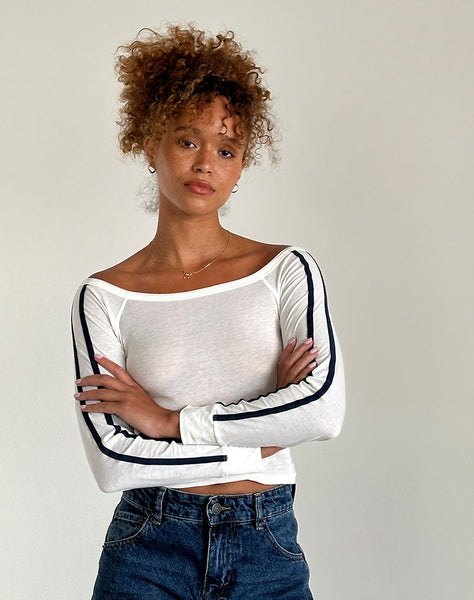 image of Gavya Long Sleeve Top in Off White with Navy Stripe