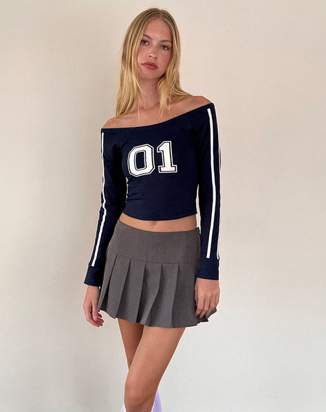 Image of Gavya Long Sleeve Bardot Top In Navy with White Piping